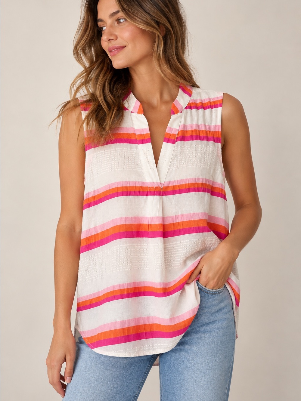 Vila Gallo Striped Sleeveless Blouse Pink Orange Ivory Notch Neck Size 38